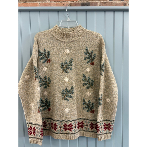 Talbots Sweaters - Women's Talbots Beige Wool Crew Neck Sweater M with Red & Green Accents